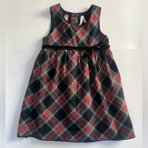 OshKosh Girls Holiday Plaid Dress 4T Christmas Outfit Black Velvet Bow Lined